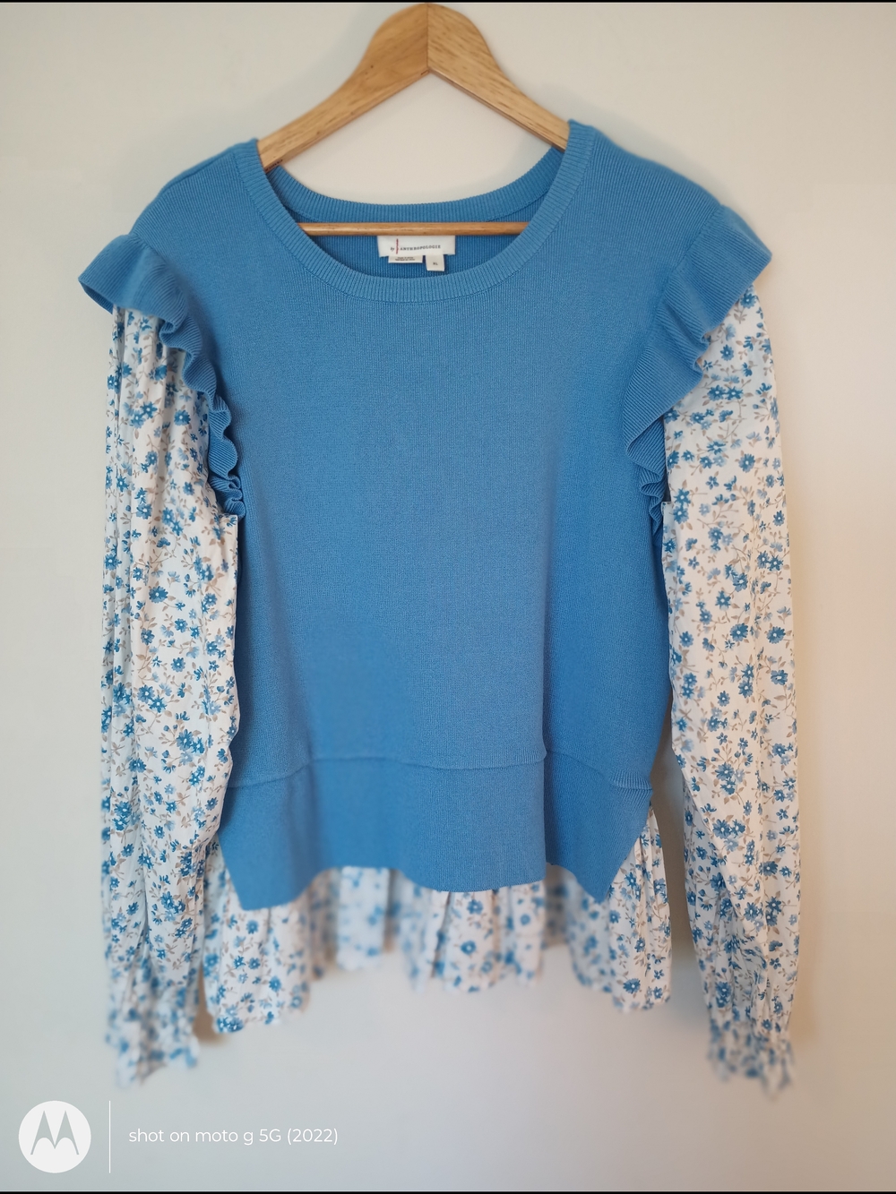 Anthropologie Blue Floral  Crew neck Twofer Sweater Blouse Size XL